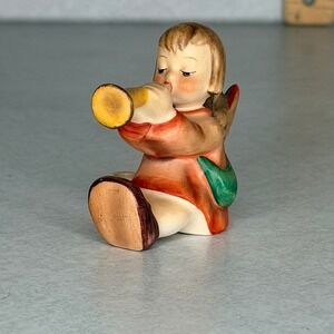 Goebel‎ W Germany Angel Figurine Seated with Trumpet Horn Blue V Mark Vintage